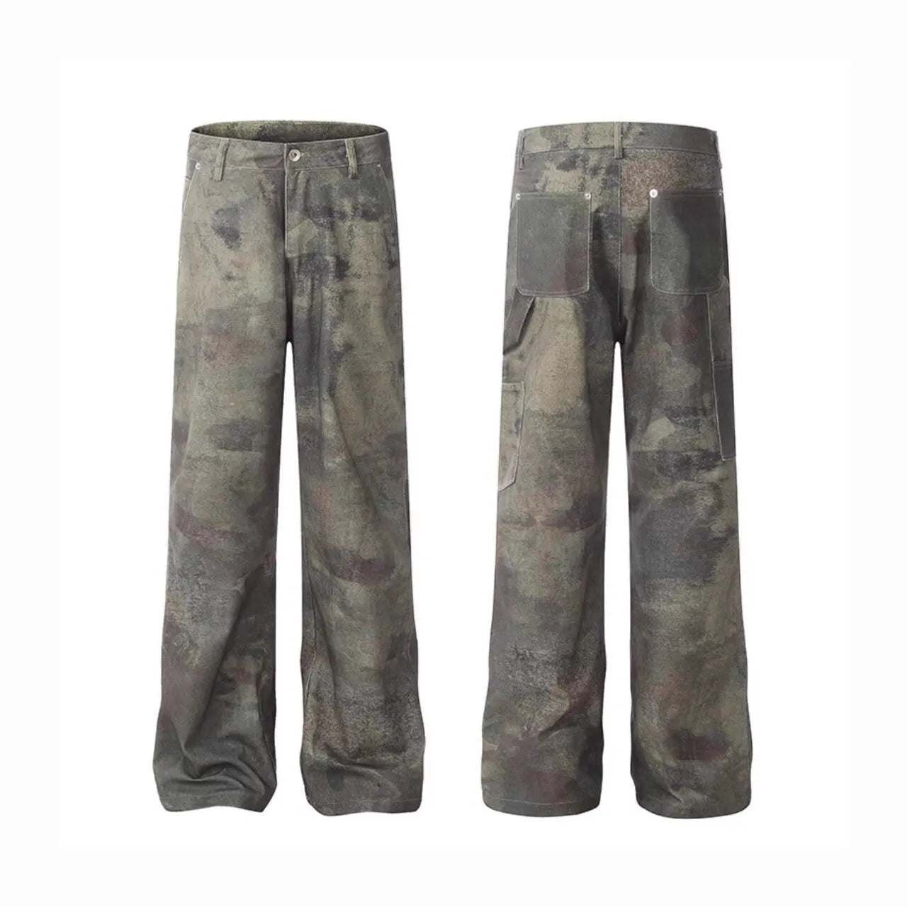 Men's straight-leg camouflage print jeans on a white background