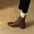 Women's black pointed toe ankle boots with short tube design and block heel