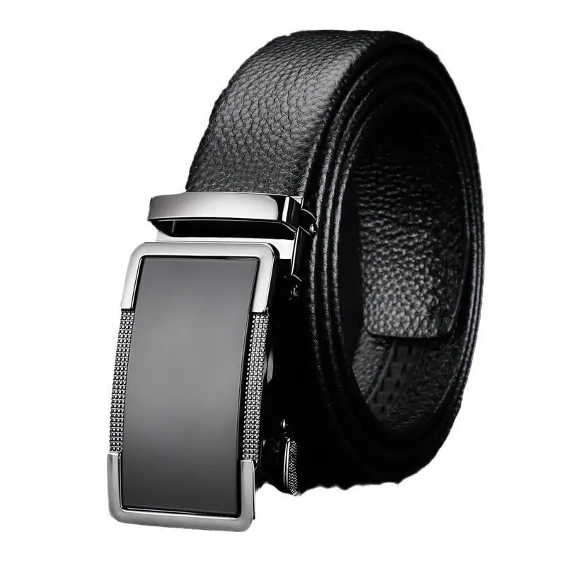 Men's leather belt with an alloy automatic buckle in gun black colour showing length options