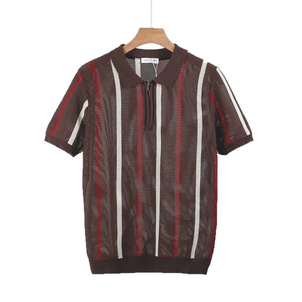 Hollow mesh short-sleeved knitting polo shirt in Ice Silk fabric, loose fit, zipper decorations, summer casual