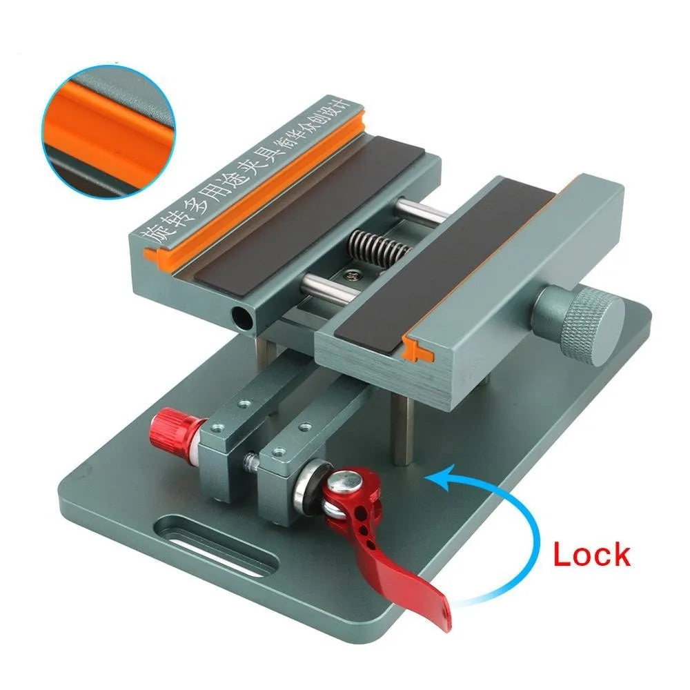 Mobile phone repair fixture with adjustable grip and demolition crowbar accessory