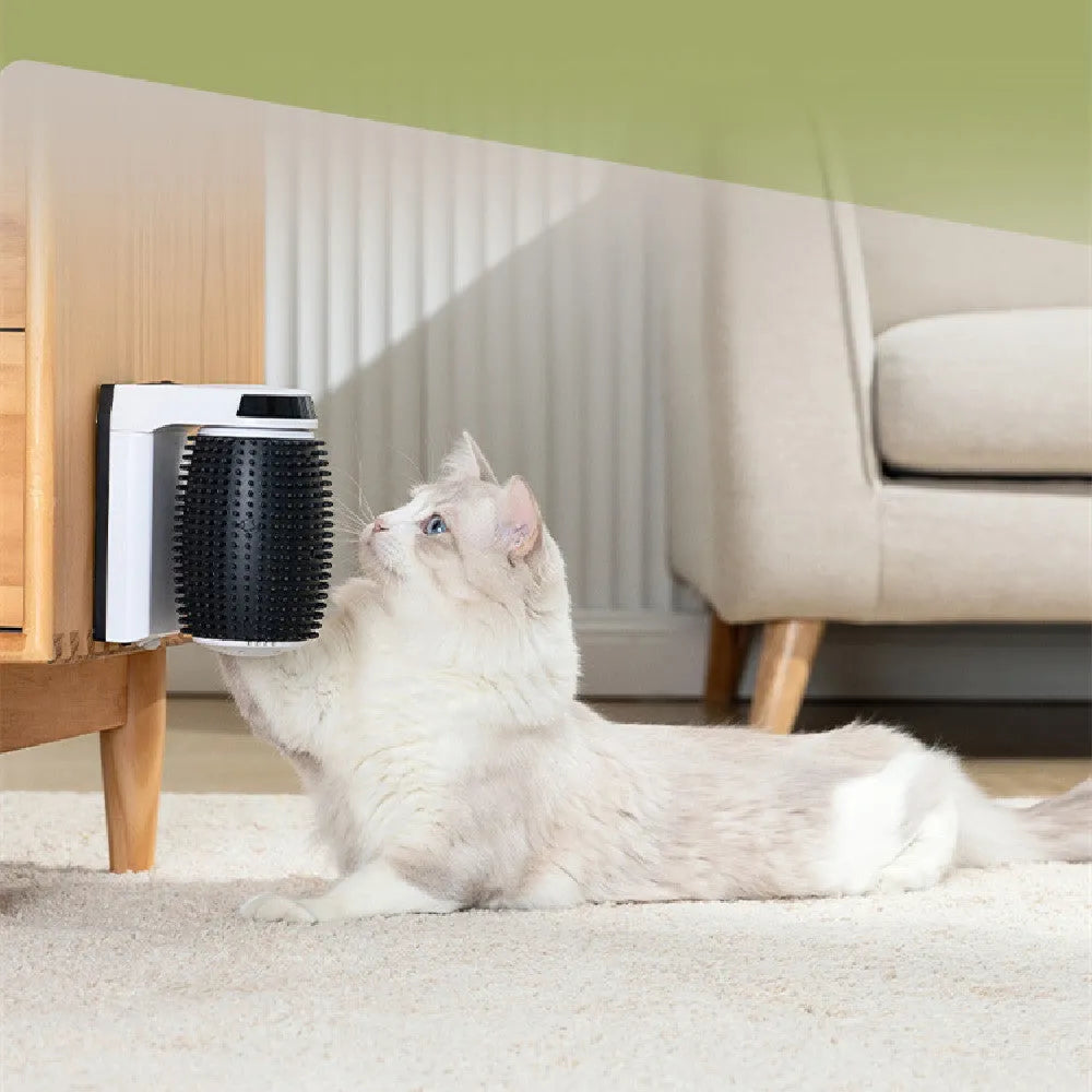 White automatic cat self groomer wall corner brush with ABS frame and silicone bristles, 133 x 96 x 160mm