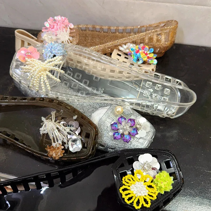 Gel square toe slippers in transparent colour with PVC sole for outdoor leisure, size 37