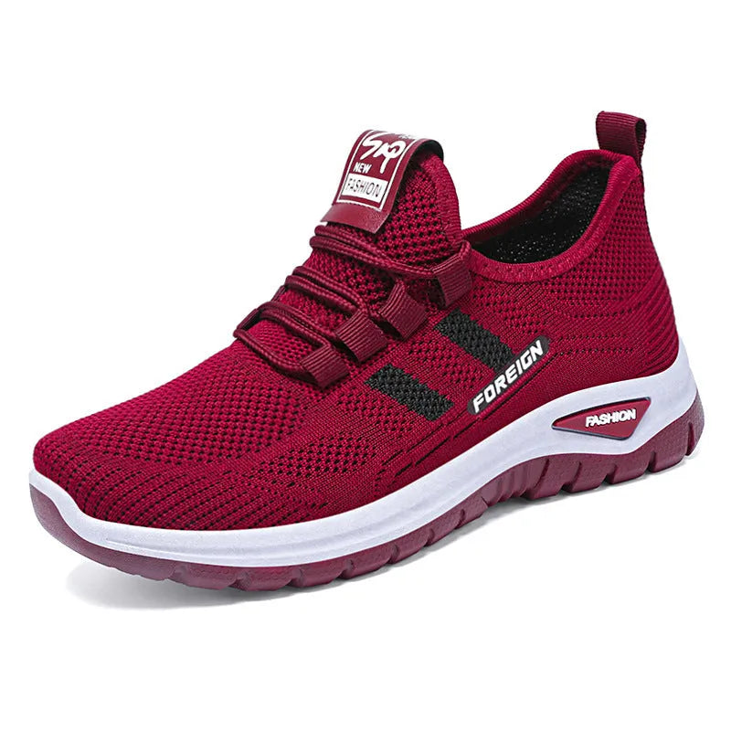 Breathable mesh casual shoes with PVC sole, low top, flat heel, round toe, shallow mouth, available in UK sizes 36-41 in black, gray, purple, and red
