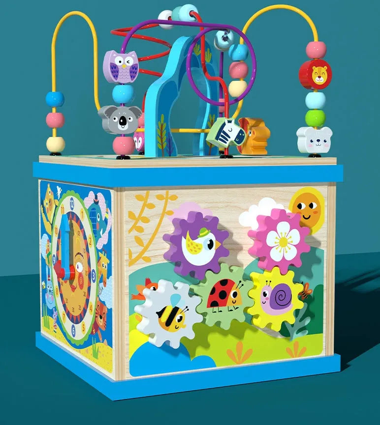 Baby wooden bead treasure box blue multi-functional scenes on table