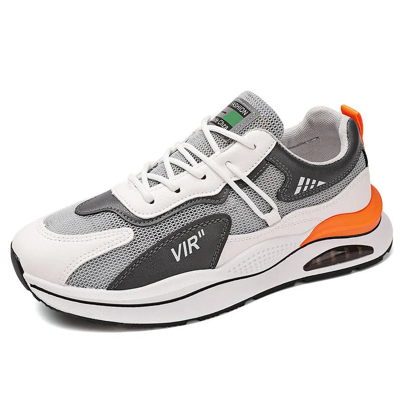 Men's grey mesh running shoes with breathable upper and lightweight EVA sole for jogging