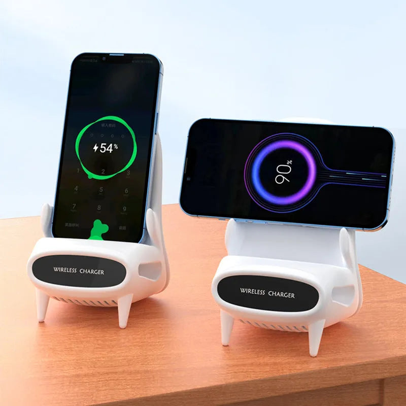 White ABS wireless charger stand with Type-C input, measuring 96.3x88.2x139.3 mm, 154.2g