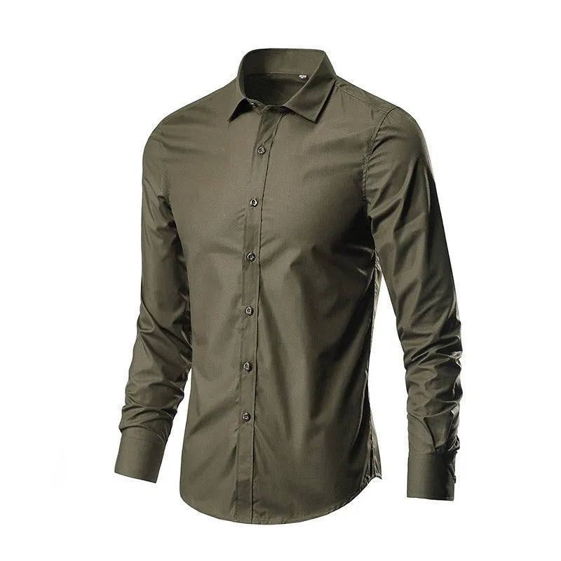 Men's loose-fit long-sleeve linen shirt on a hanger, shown in a light grey colour.