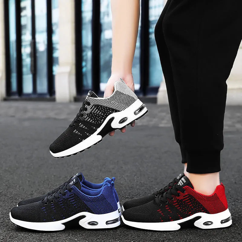 Men's flyknit mesh breathable lace-up casual sneakers low top round toe soft sole flat heel black and grey