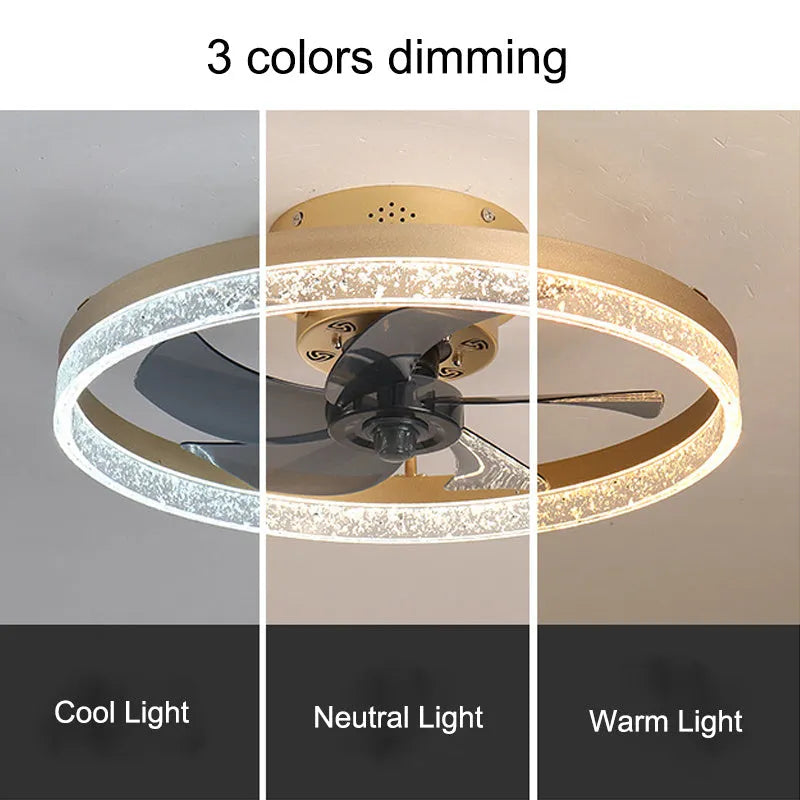 Nordic style ceiling fan lamp with remote control in coffee gold finish, 50cm diameter