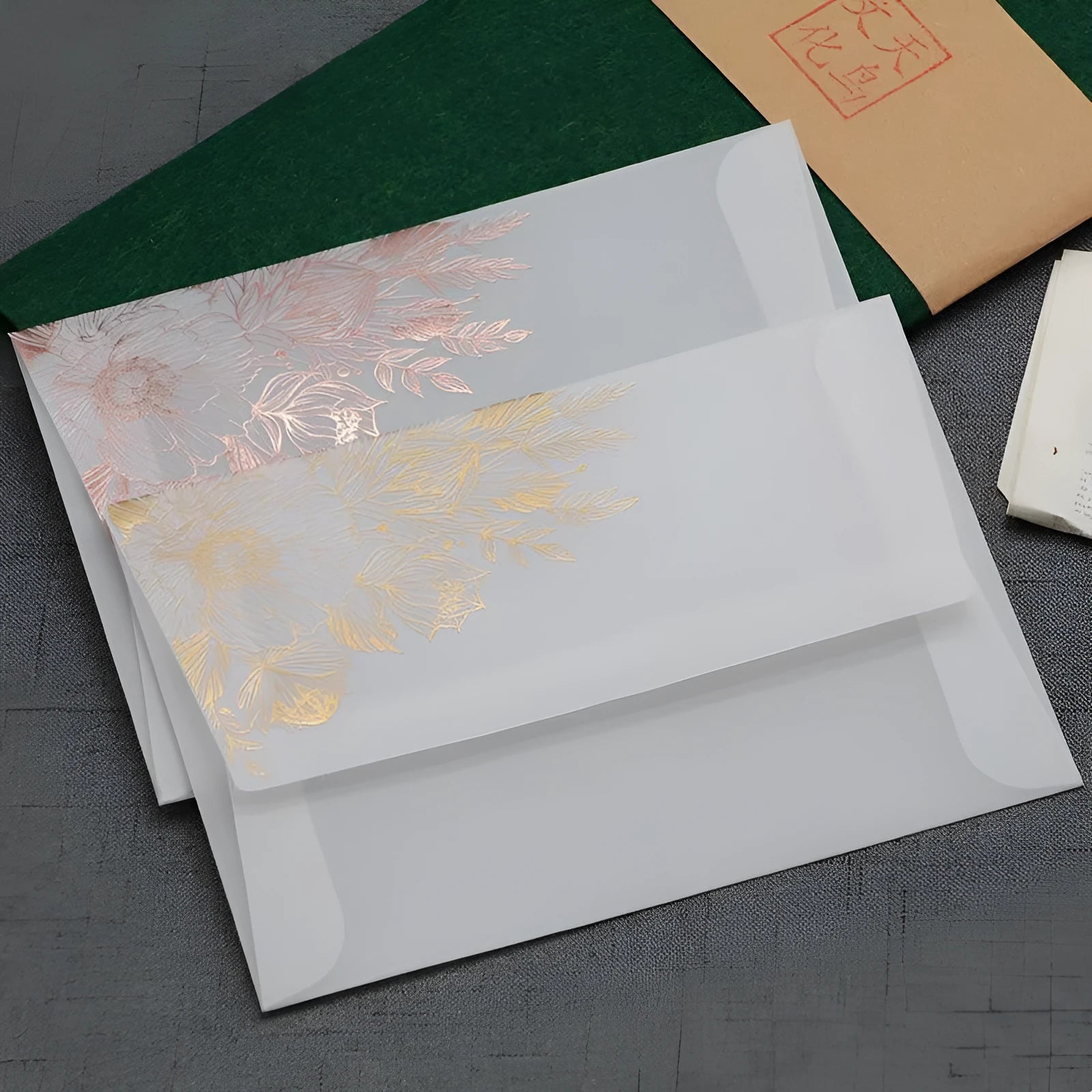 Sulfuric acid paper invitation card with bronzing matte varnish and gold stickers, 12.5x17.6 cm
