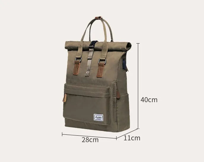 Casual polyester backpack with cover opening showing laptop compartment and zipper pocket