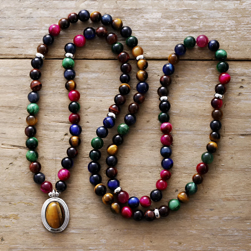 Natural stone tiger-eye 108 pendants necklace bracelet 6mm beads unisex meditation jewellery with wings crown heart design