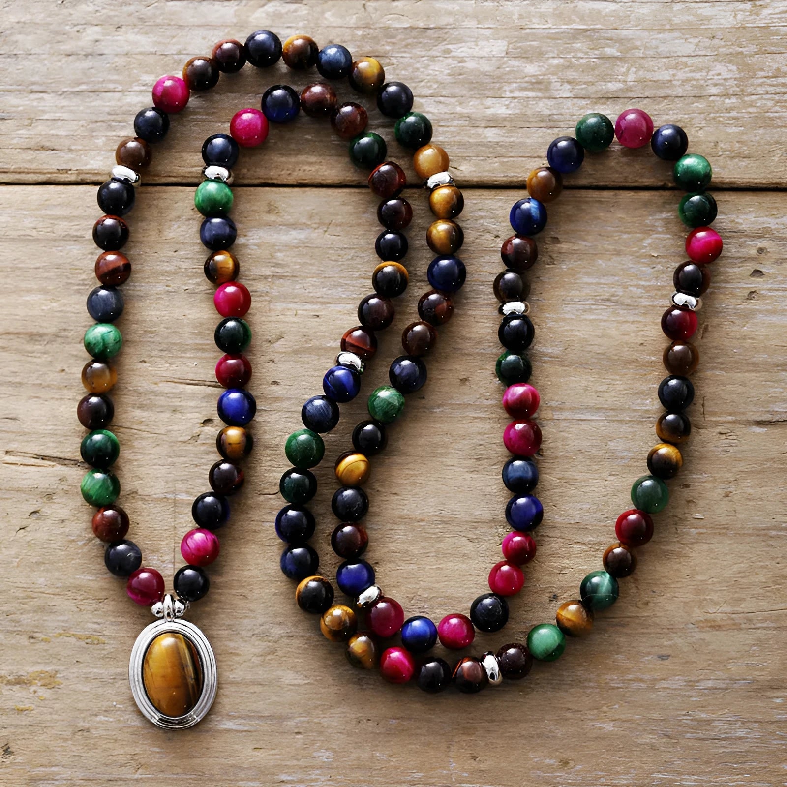 Natural stone tiger-eye 108 pendants necklace bracelet 6mm beads unisex meditation jewellery with wings crown heart design