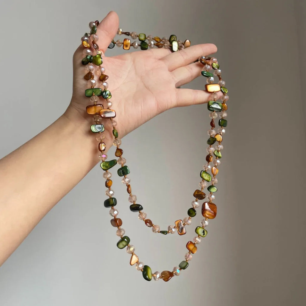 Retro bohemian coffee green double layer shell bead necklace with pearl shell pendant on regular chain