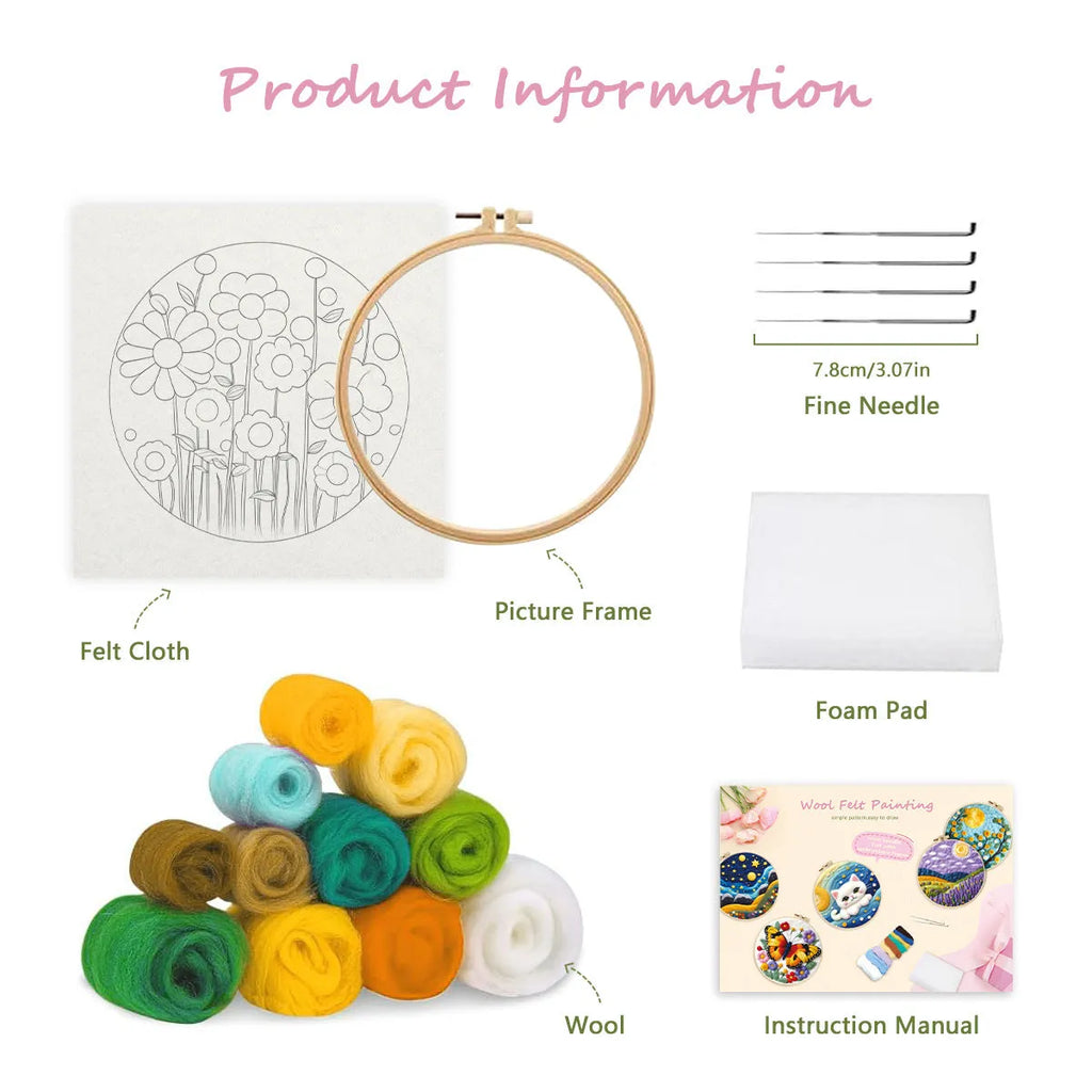 Round linen embroidery kit with wool felt, three-dimensional blanket painting, flowers grass leaves pattern, 20x20 cm, free frame included.
