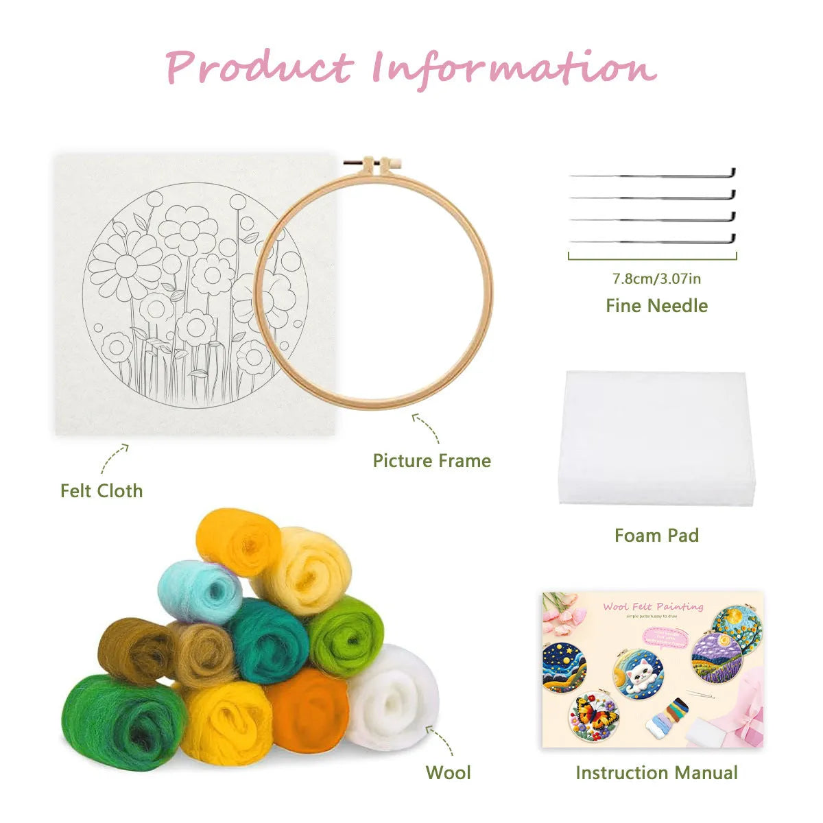 Round linen embroidery kit with wool felt, three-dimensional blanket painting, flowers grass leaves pattern, 20x20 cm, free frame included.