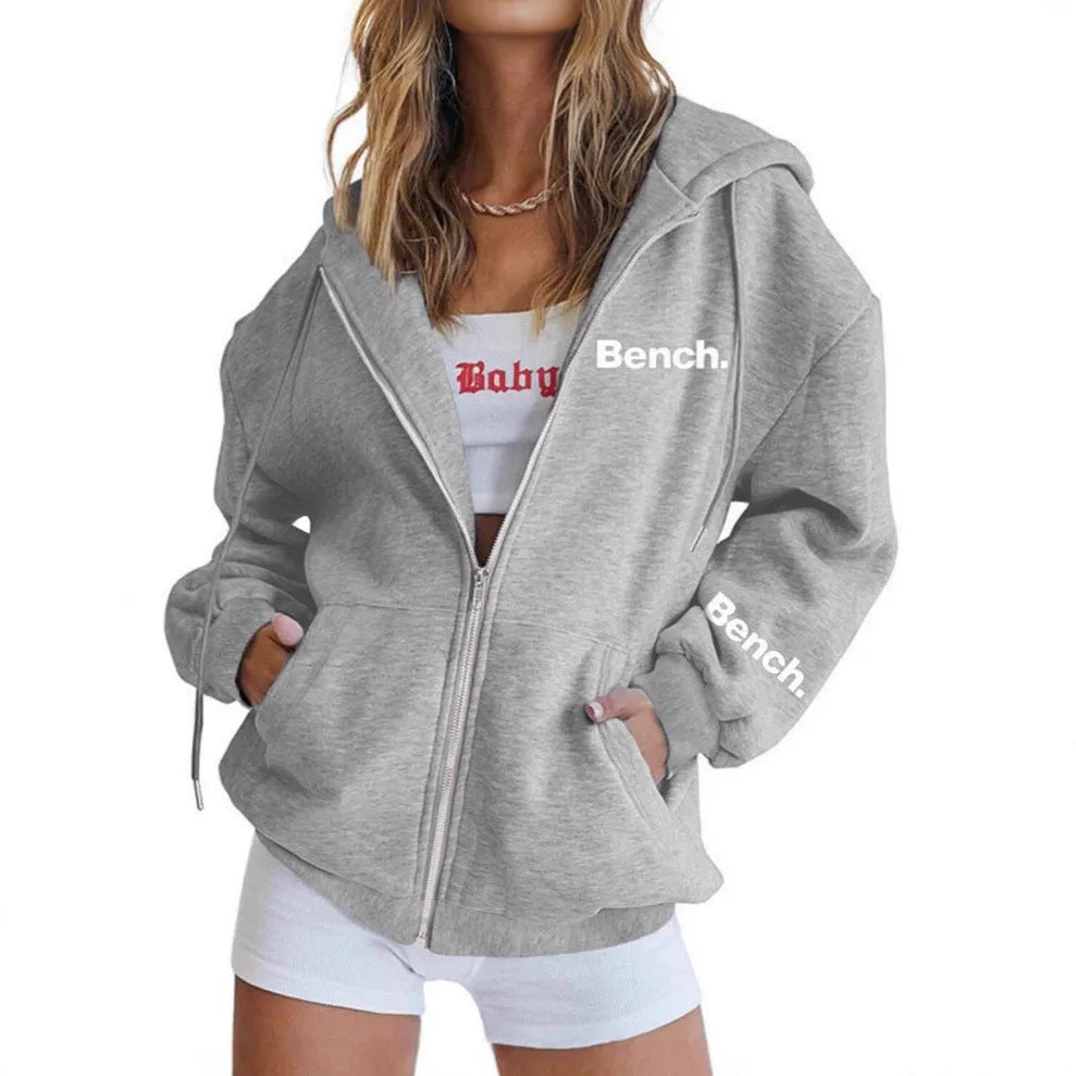 Women's loose fit grey zipper cardigan coat with letter print, polyester blend, Japanese Korean casual style