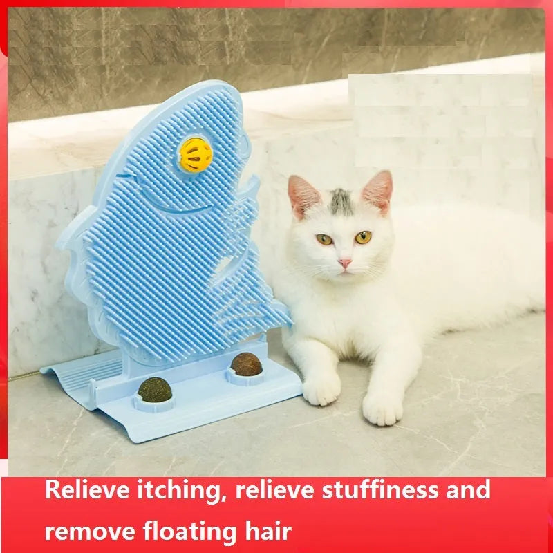 Cat toy fish-shaped wall scratcher with catnip ball and bell on wall, available in blue grey pink plastic 31cm
