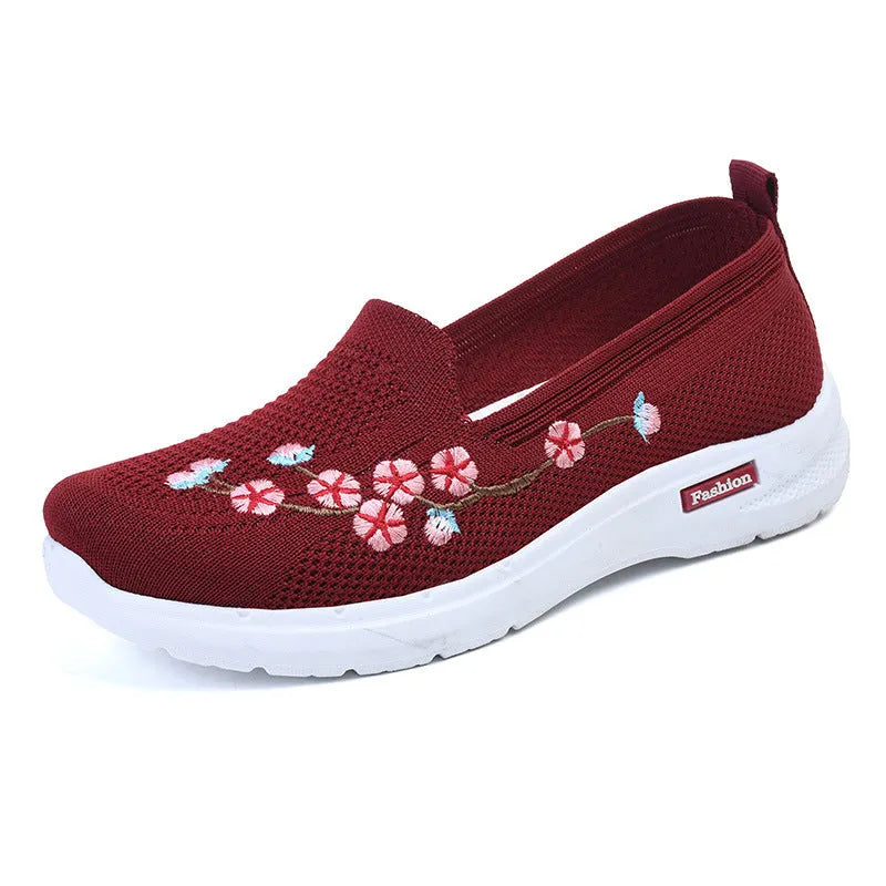 Women's embroidered flying woven sports pumps with anti-slip sole, low heel, available in black, gray, purple, wine red, sizes 36-42