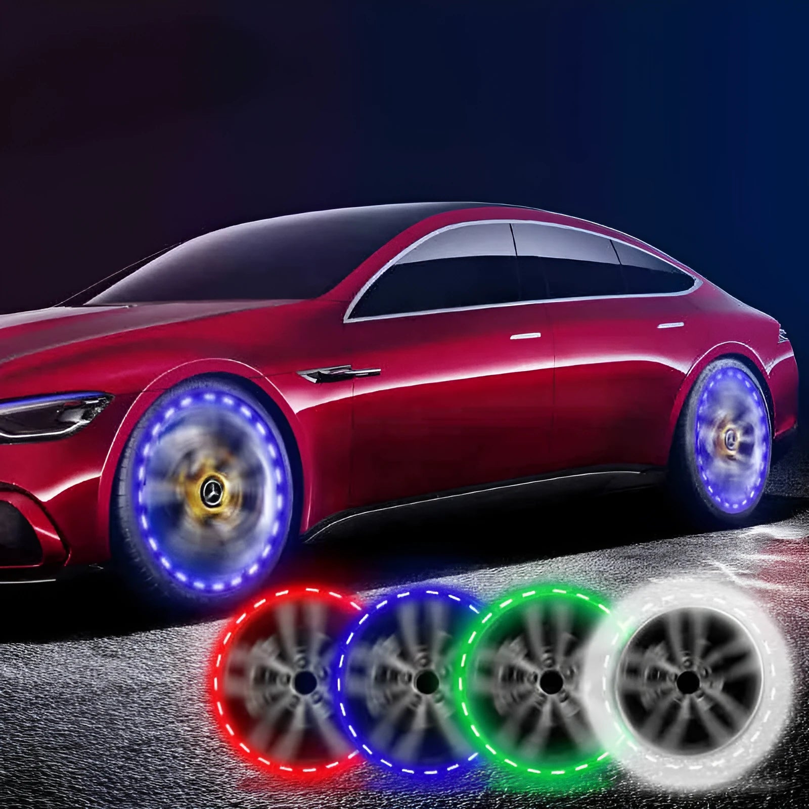 Colourful solar-powered LED decorative light for vehicle wheel hub installation.