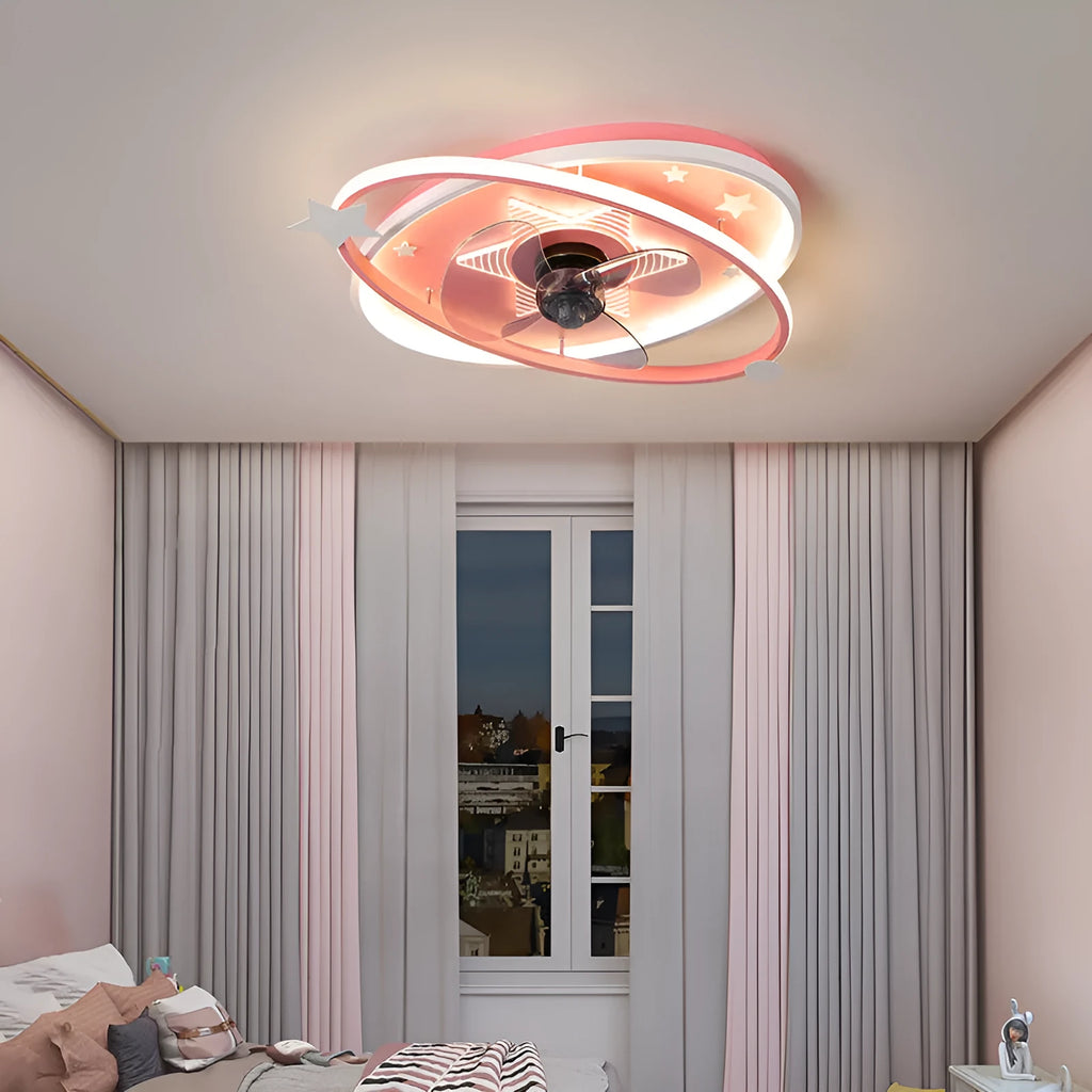 Blue children's bedroom ceiling fan light with acrylic shade and remote control.