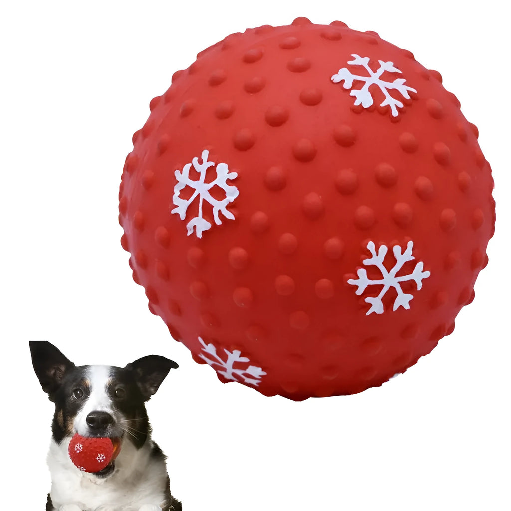 Red and green festive dog toy balls with snowflake patterns, 7cm diameter, with squeaker and air vents