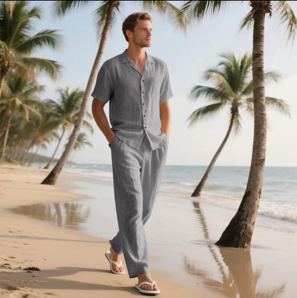 Casual linen blend button polo short sleeve trousers beach suit for men in multiple colours