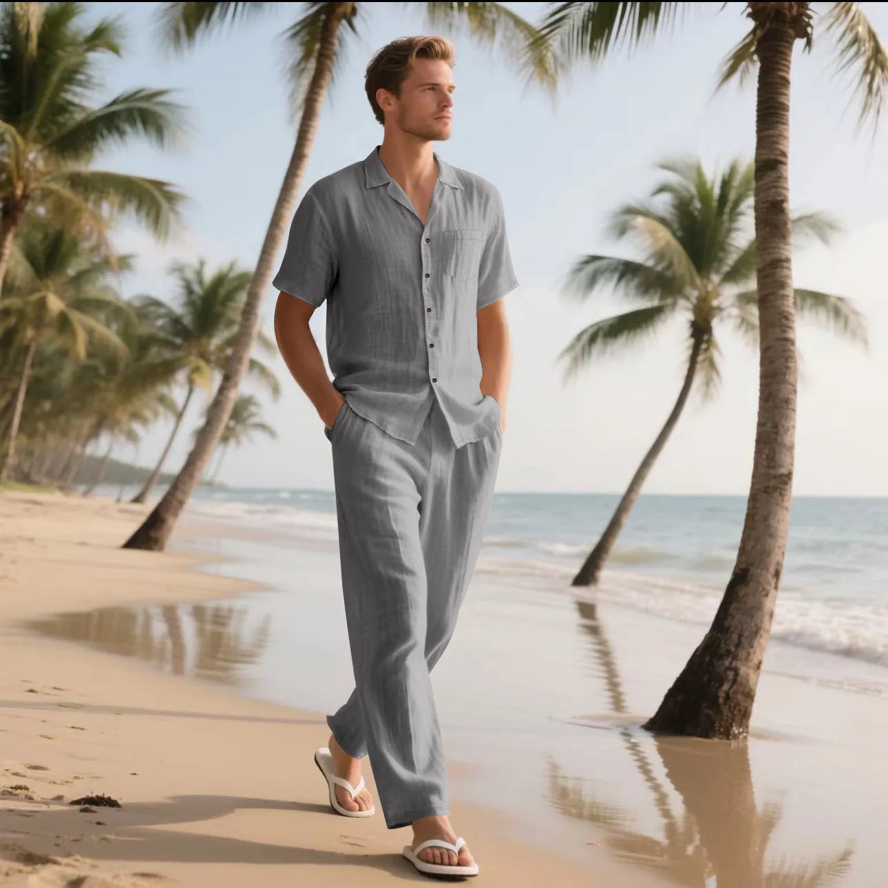 Casual linen blend button polo short sleeve trousers beach suit for men in multiple colours