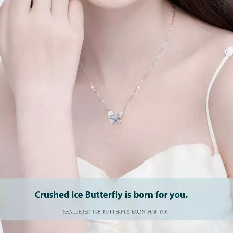 Bingyu butterfly clavicle necklace in S925 silver with ice rain pendant on O-ring chain