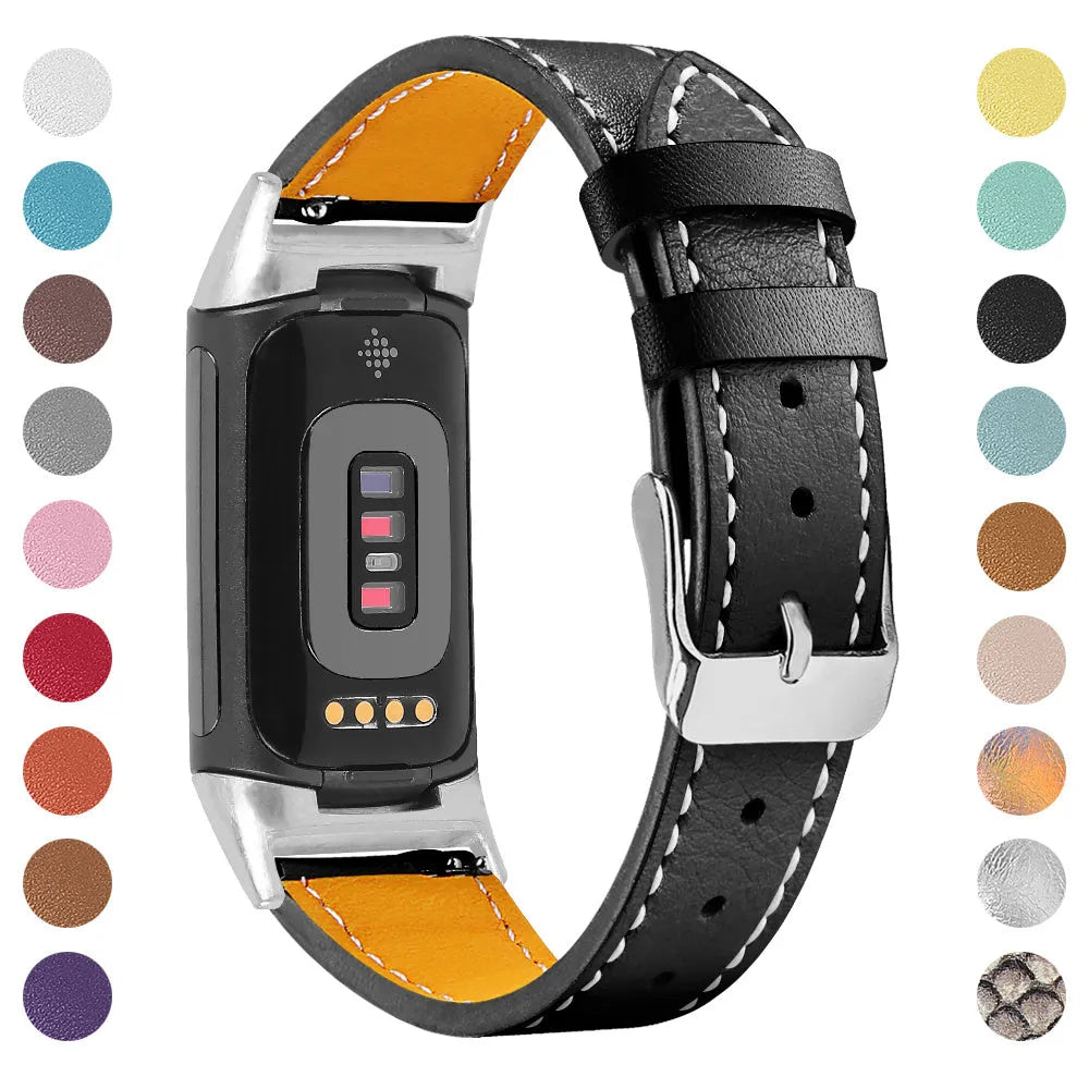Genuine leather watch strap for Fitbit Charge 5 and Charge 6 smartwatches in apricot colour.