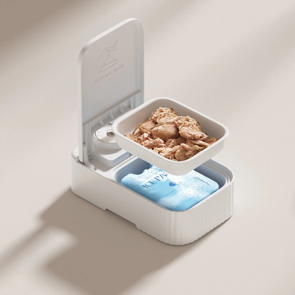 White pet single meal feeder with digital timer display and ice crystal box underneath for 48-hour freshness