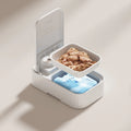 White pet single meal feeder with digital timer display and ice crystal box underneath for 48-hour freshness