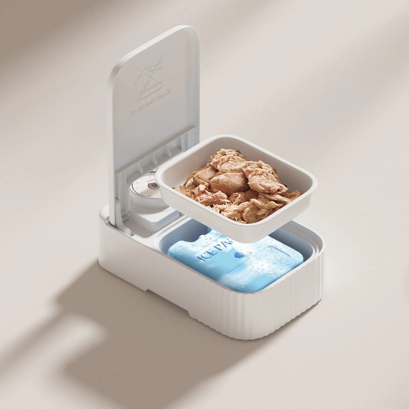 White pet single meal feeder with digital timer display and ice crystal box underneath for 48-hour freshness
