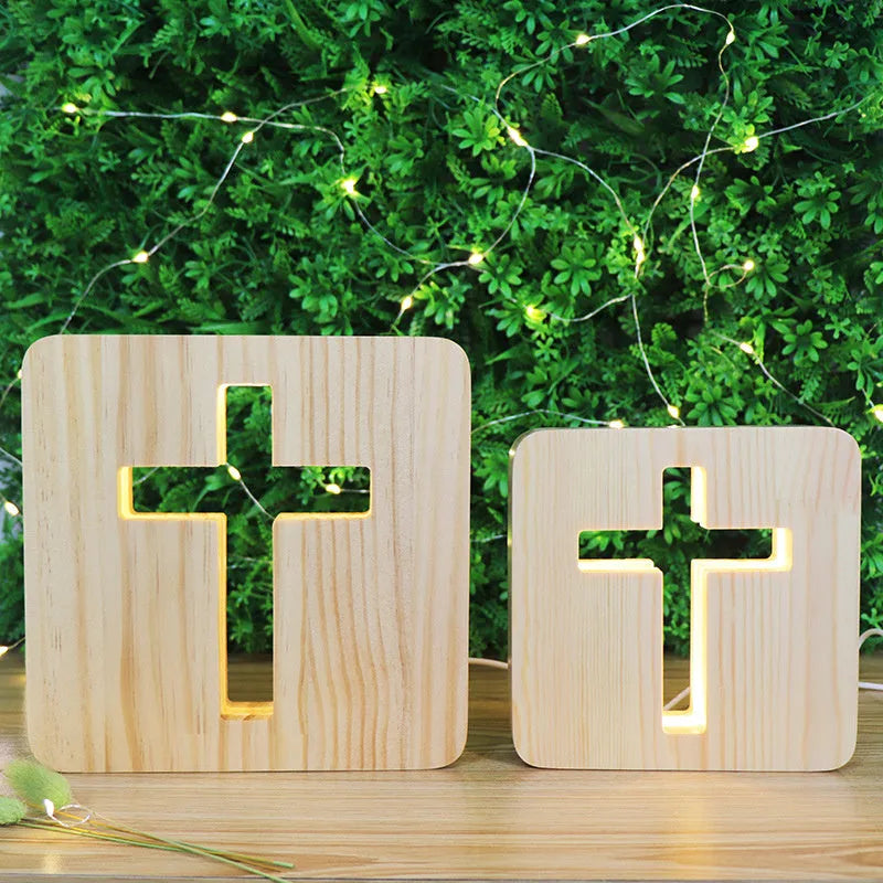 Solid wood hollow night lamp with warm white LED light, compact rectangular design