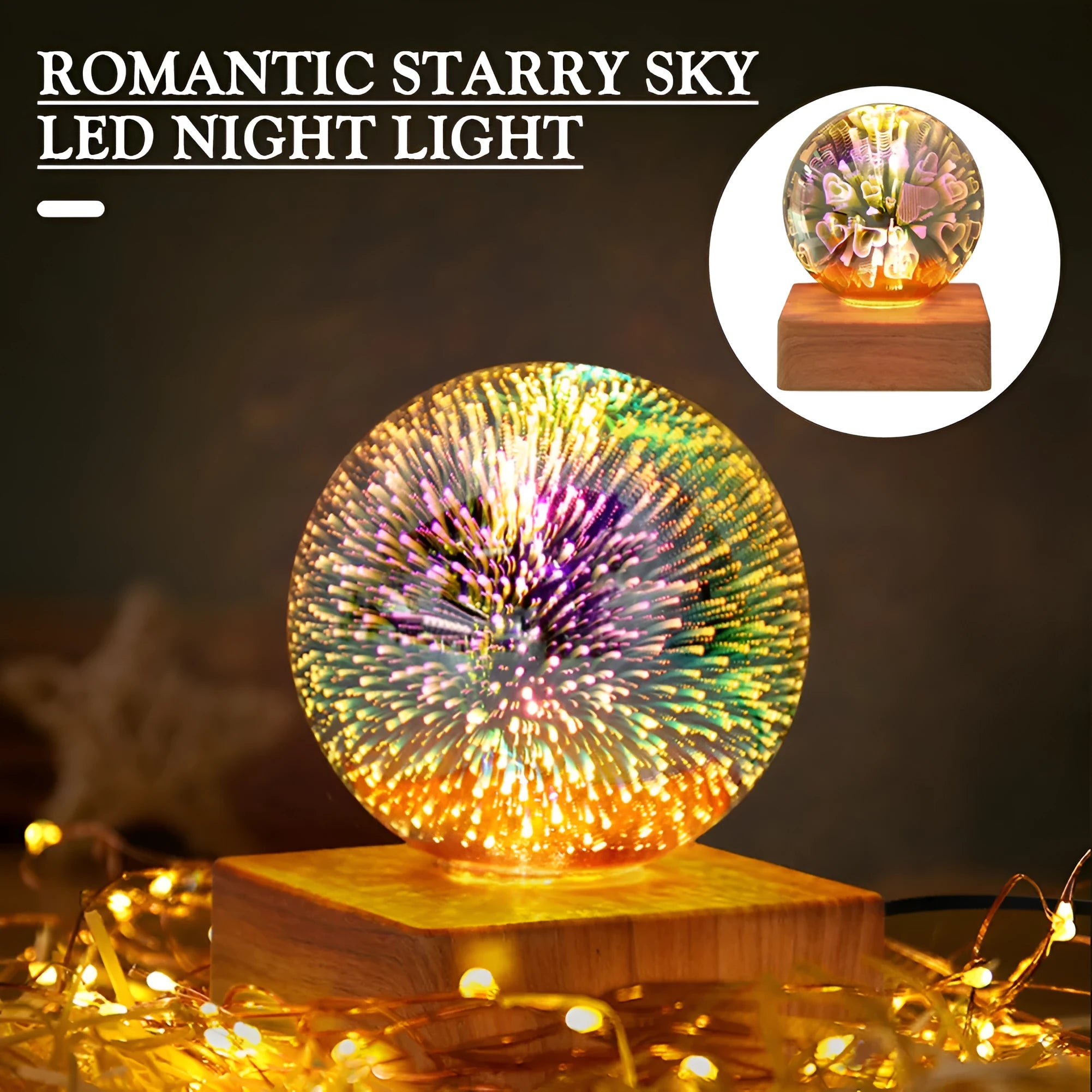 USB 3D firework crystal ball night light with warm LED, touch control, and starry sky effect on a wooden desk