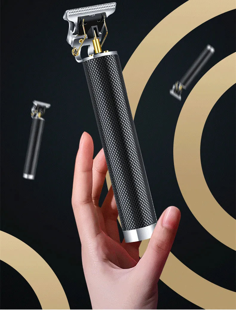 Black electric hair clipper with gold steel blade, rechargeable USB, includes 4 combs and cleaning brush