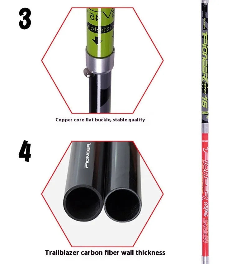 Carbon fibre folding climbing cane with five sections, tungsten steel tip, and EVA handle in red and matte black options