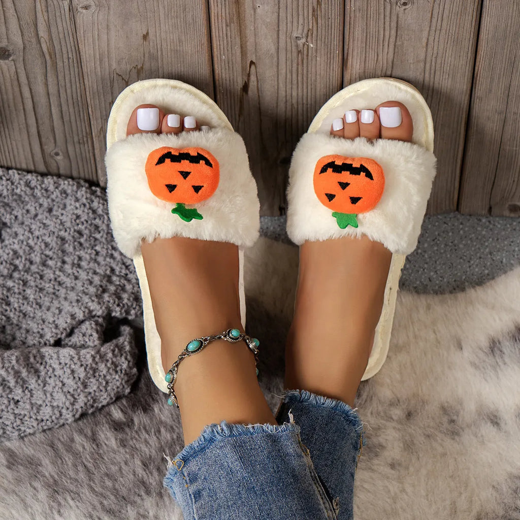 White and yellow Halloween pumpkin plush slippers with open toe and synthetic fur upper
