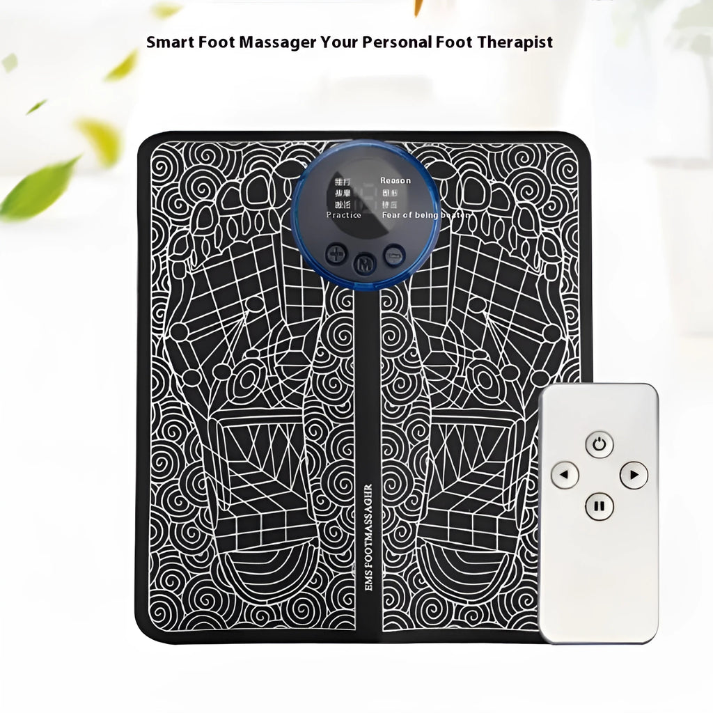 Leather foot massage cushions with a wireless remote control on a wooden floor