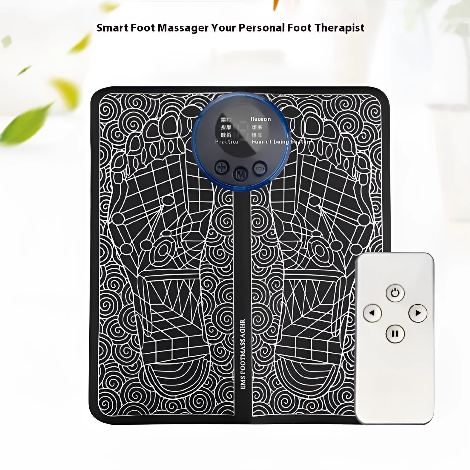 Leather foot massage cushions with a wireless remote control on a wooden floor