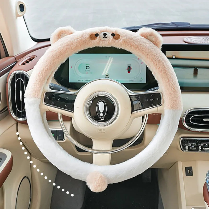 Plush car steering wheel cover with embroidered cartoon animal design for winter