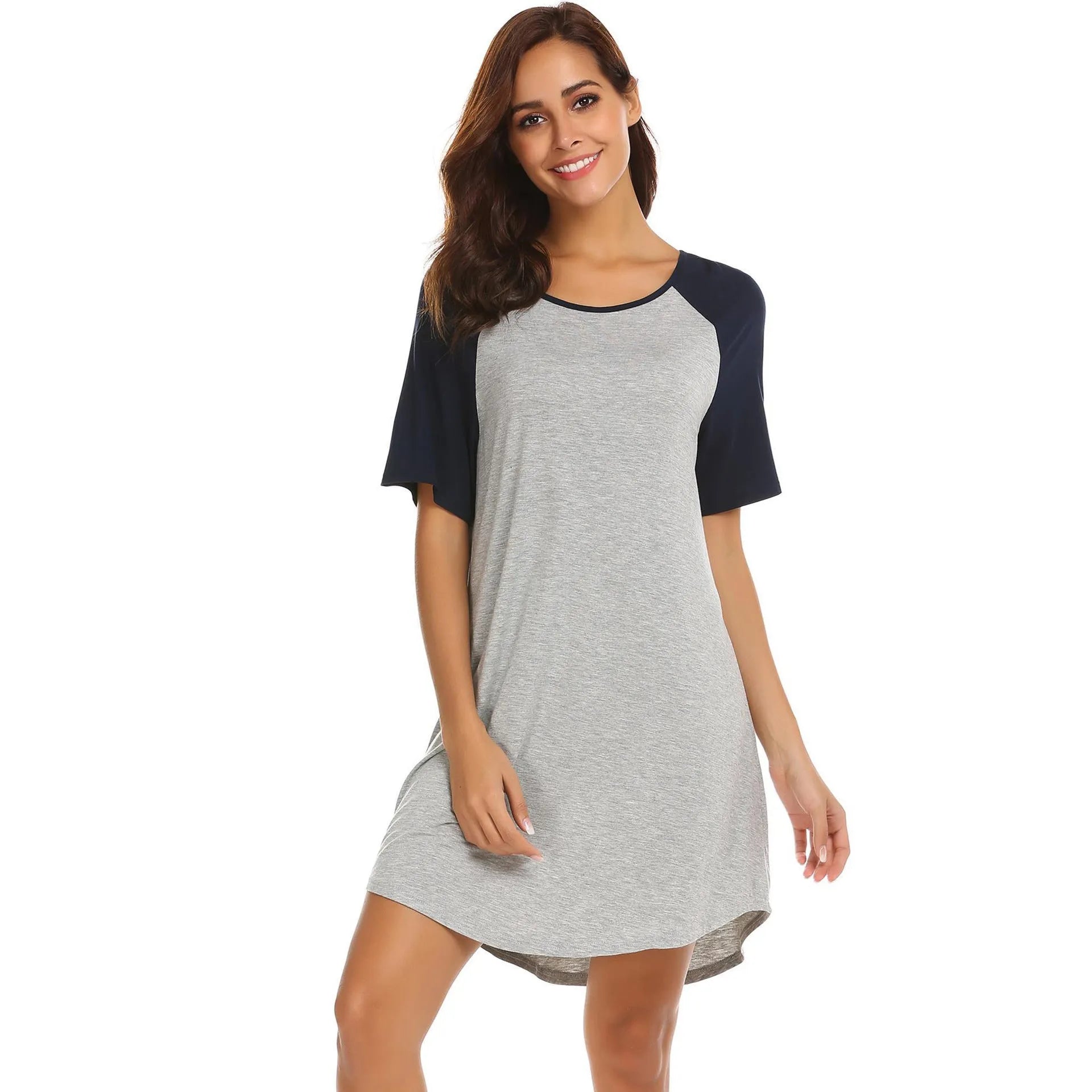 Women's navy blue and grey colour contrast patchwork nightdress with double brushed fabric.