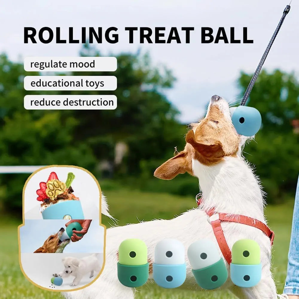 White and blue food-grade silicone dog treat puzzle ball measuring 8cm by 11cm