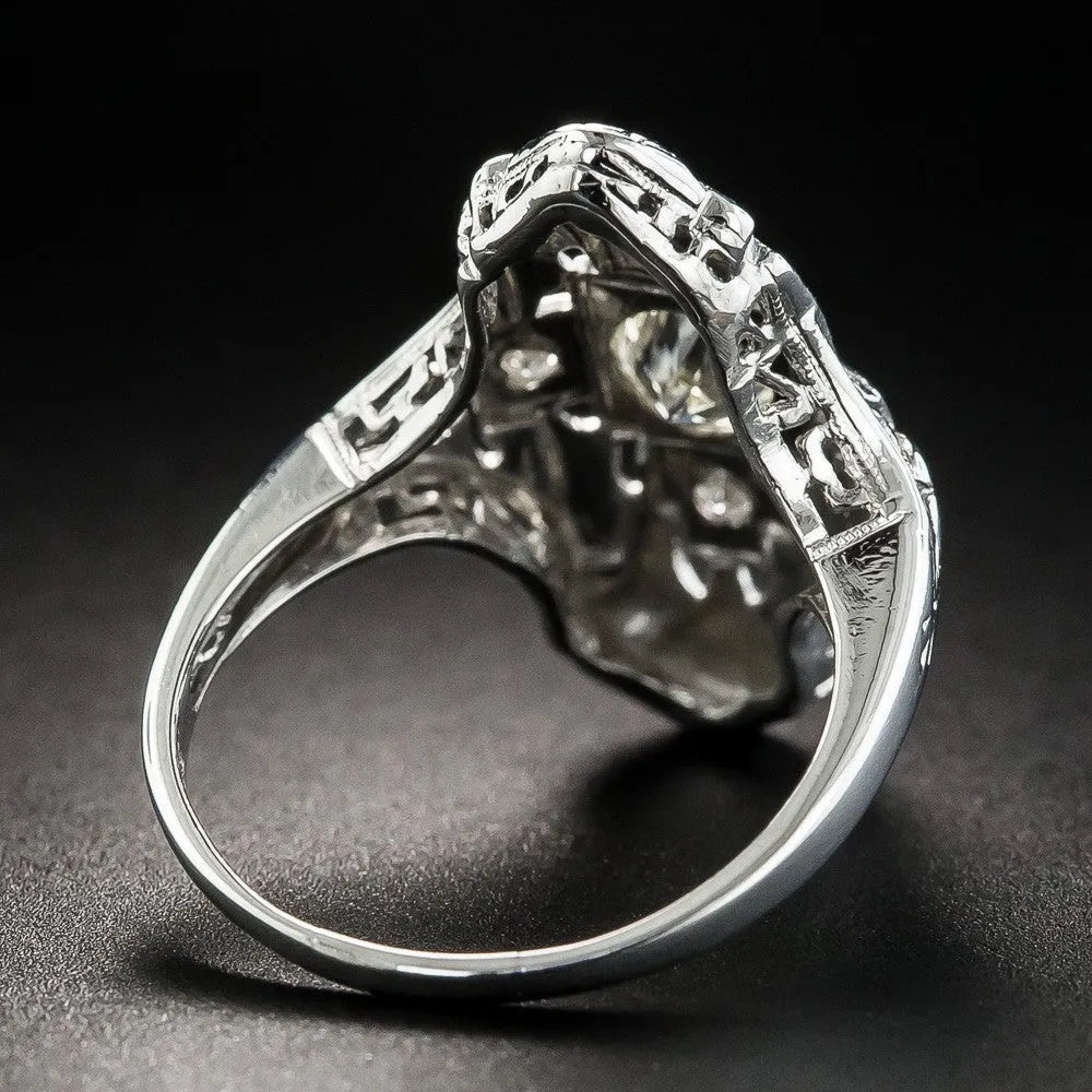 Hollow out geometric silver-colour ring with diamond studs on copper base.