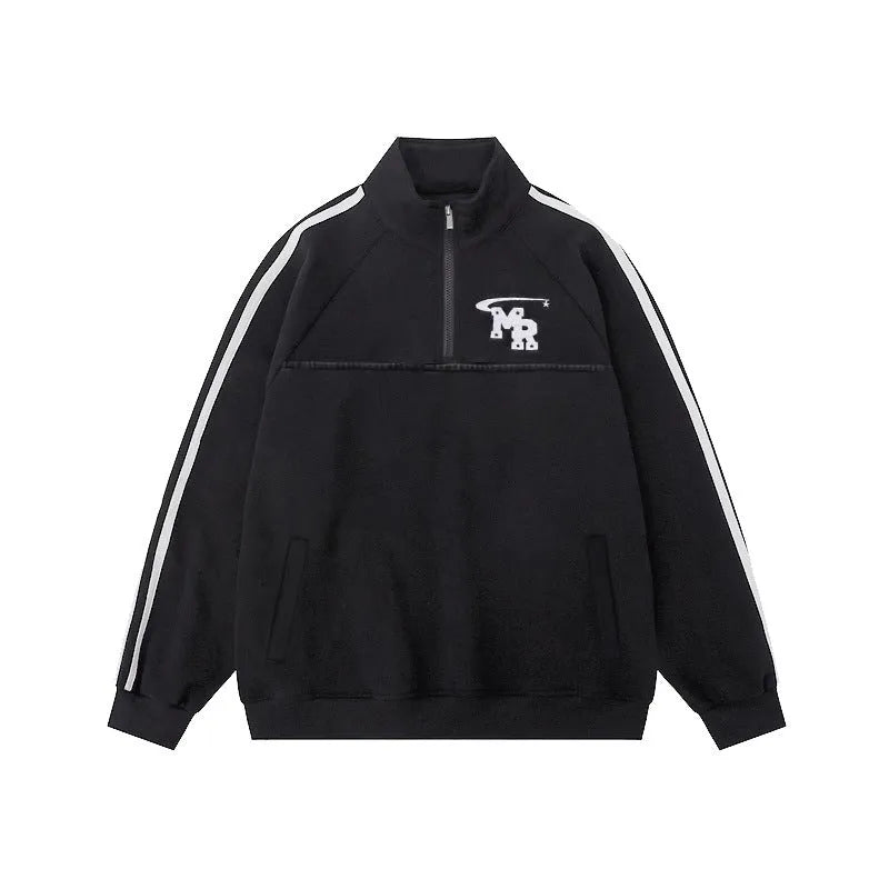 Black Hong Kong style stand collar hoodie with long sleeves for casual sports wear