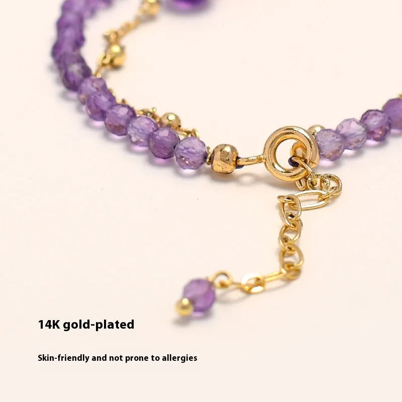 Chinese style women's bracelet with amethyst crystal stones in diamond cut on electroplated metal band