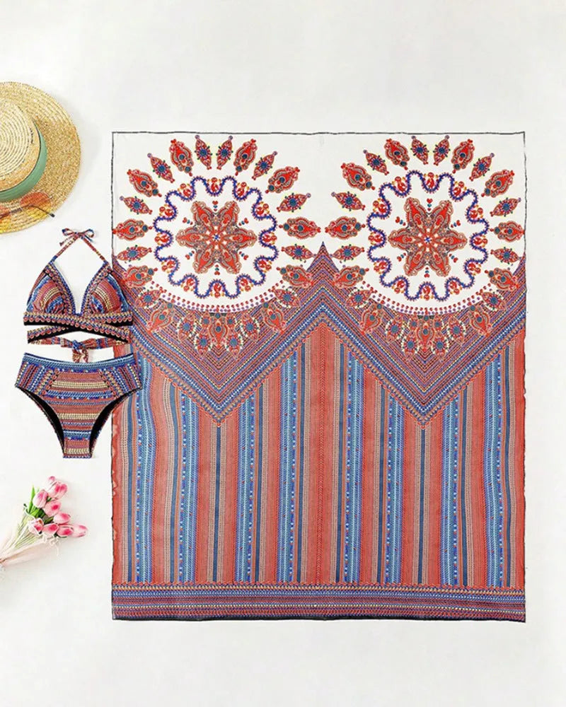 Women's three-piece swimsuit set showing high-waist briefs, cutout blouse, and coat in picture colour