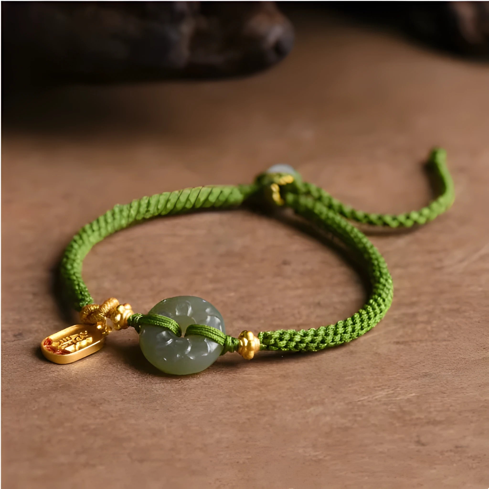 Hand-woven green rope bracelet with a Hetian jade safety buckle, adjustable sliding knot, women's National style accessory
