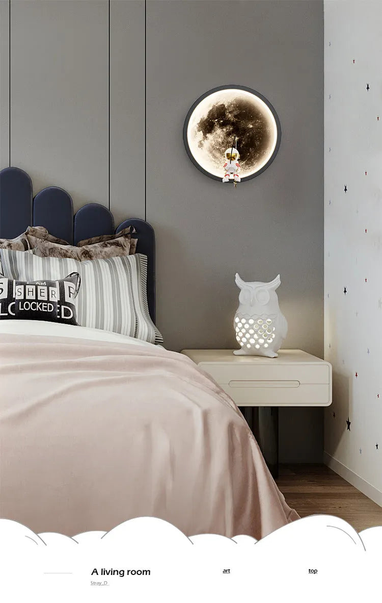Modern minimalist moon wall lamp with acrylic shade, black finish, showing warm light, 220V